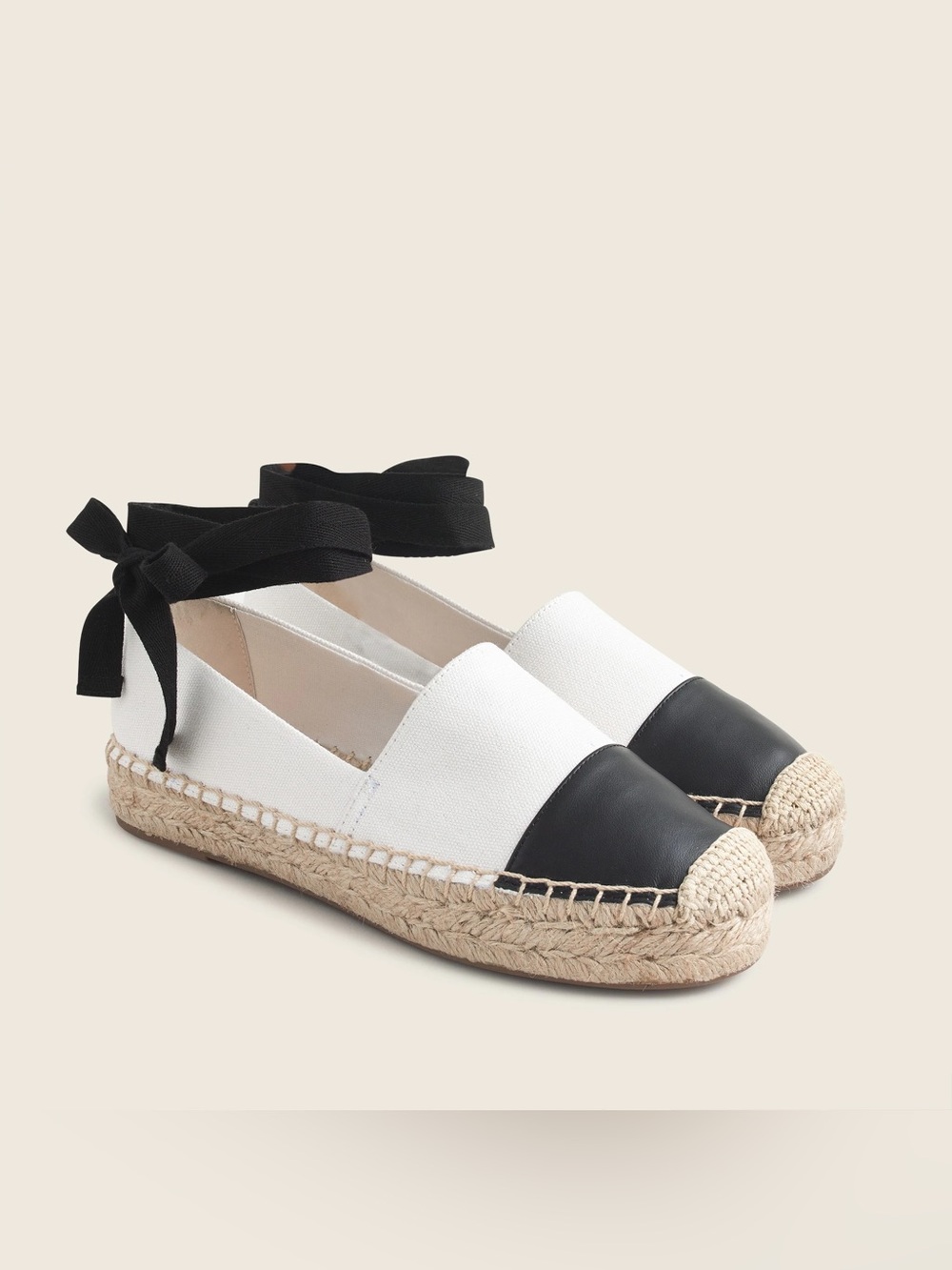 J. Crew Ivory Canvas Black Leather Cap Toe Ankle Wrap Slip-On Espadrille Flats